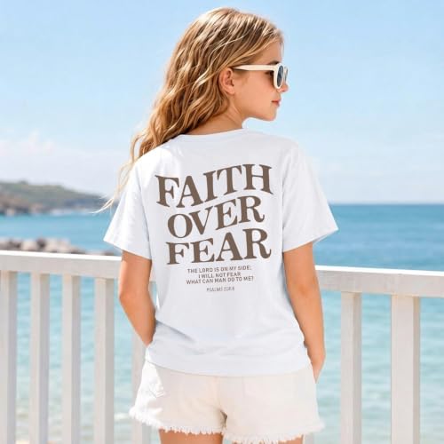Image of Faith Over Fear Shirt Christian Jesus Tshirts for Girls Religious Inspirational Tees Bible Verse Tops for Kids 3-12