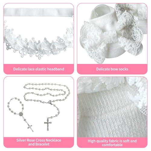 TBTFW 7Pcs Baptismal Accessories- White Christening Sock Headband Rosary Cross Bracelet Seashell Certificates and Holy Water Bottle4