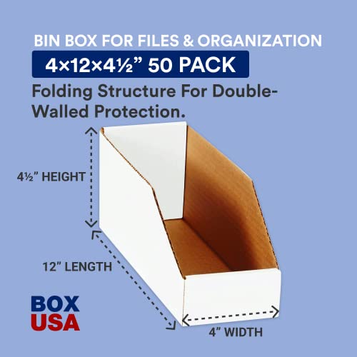 Image of Box USA Cardboard Storage Bins, Open Top Bin Box, 4L x 12W x 4.5H 50-Pack | Medium for Inventory, Organization, Parts, Garage, Oyster White