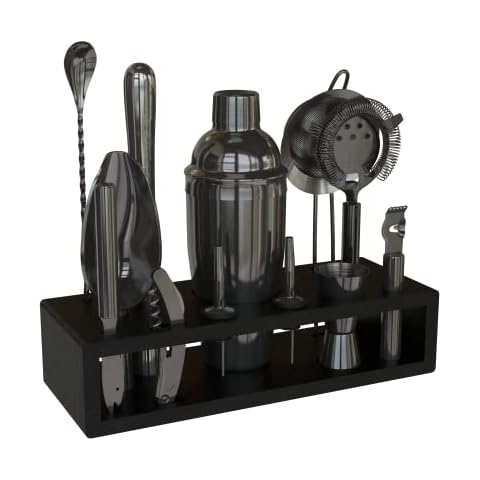 Highball & Chaser 13-Piece Cobbler Cocktail Shaker Set: Black Polished Stainless Steel Bartender Kit For Home Bar Cocktail Set | Laser Engraved Cocktail Tools | Plus E-Book with 30 Cocktail Recipes Cover