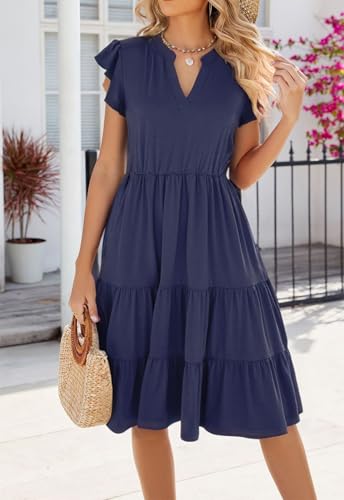 Image of Womens Summer Dress Ruffle Sleeve V Neck Midi Dresses Casual Fit Flowy Tiered Boho Beach Vacation Sundress