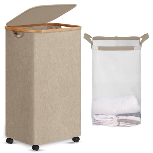 Image of efluky Laundry Basket with Wheels, Tall Rolling Laundry Hamper with Lid and Removable Bag, Aesthetic Dirty Clothes Hamper on Wheels for Laundry Room, Bedroom, Dorm and Bathroom, 100L Oatmeal