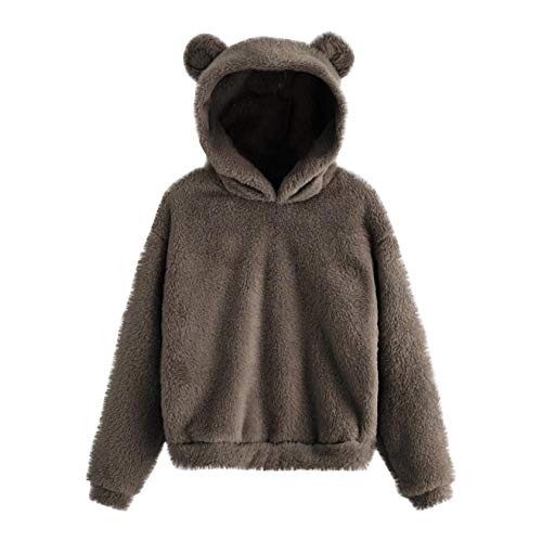 Womens Casual Fuzzy Sweatshirt Warm Bear Ear Shape Hooded Coat Cute Teddy Pullover Long Sleeve Outerwear (Gray, XL)