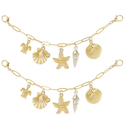 SOFPLATE 2 Stück Goldene Schuhkette Mit Anhänger Stiefelkette Accessoires Sommer Muschel Seestern Ozean Marine Messing Dekorative Ästhetik Hängender Metallschuhanhänger Verschluss Für Stiefel Sneaker