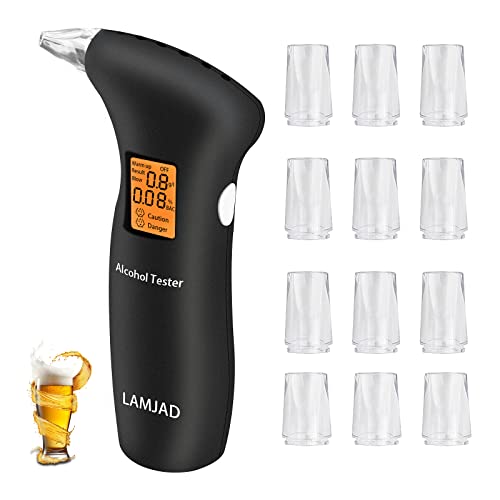 LAMJAD Alkoholtester mit 12 Mundstücken, Professioneller Alkoholtester mit Hintergrundbeleuchtung LCD-Bildschirm BAC-Tester für den persönlichen und professionellen Gebrauch (712T Schwarz) Cover