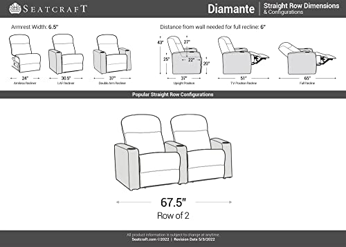 Seatcraft Diamante - Home Theater Seating - Living Room - Power Recline - Top Grain Leather - Powered Headrests - Cupholders - USB Charging - Ambient Lighting - Arm Storage, Row of 2, Black