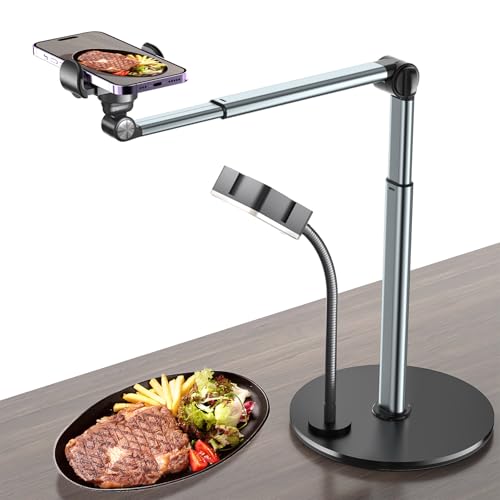 Overhead Phone Mount with Rechargeable Light for iPhone, Table Tripod for Content Creators, Portable Phone Camera Stand for Cooking, Video Recording, Filming, Nail Techs