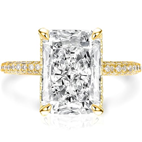 4.5CT Radiant Cut Engagement Rings,Crushed Iced Radiant Cut Rings for Women,Simulated Diamond Ring,925 Sterling Silver Ring in 18K Yellow Gold Plated