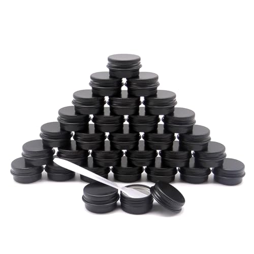 30 pack 5 ml Black Lip Balm Tin Cans, 5g Mini Aluminum Makeup Sample Containers with Screw Lid, Empty Metal Tins Pot Storage Travel Jars for Cosmetic, Cream, Candle, Tea, 5 Gram Small Tins