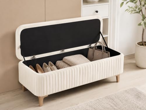 Image of LEGACY OF COMFORT Qwen Velvet Upholstered Flip Top Storage Bench 2 Seater Sofa Upholstered Ottoman Bench with Storage for Living Room, Bedroom (Ivory)