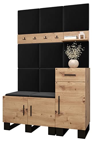 MEBLE KRYSPOL Garderobe Artin Set 5 mit gepolsterten Paneelen Industriell Design (Artisan Eiche + Manila 18 (Schwarz))