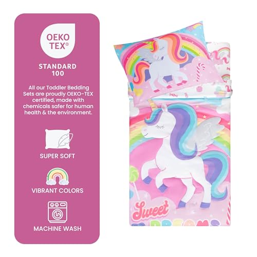 Image of Todays Kids Unicorn Toddler Bedding Set for Girls - 4-Piece Toddler Bed Comforter Sets for Girls, Reversible Comforter & Pillowcase, Flat Sheet, Fitted Sheet, Breathable & Super Soft Microfiber