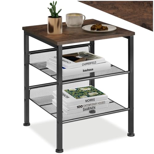 tectake® Beistelltisch Holz und Metall, Schlafzimmer Nachttisch mit 3 Ebenen, 2 Gitterablagen, Couchtisch, Wohnzimmertisch, Beistelltisch Couch - Industrial Holz dunkel, rustikal