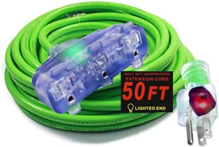 10 Gauge Power Extension Cord Heavy Duty Indoor/Outdoor 10 3 Extension Cord 50 ft 10/3 Triple Outlet 3 Prong with Lighted Ends Power Your Major Appliances 1875 watt (50 ft Triple Tap, Green)
