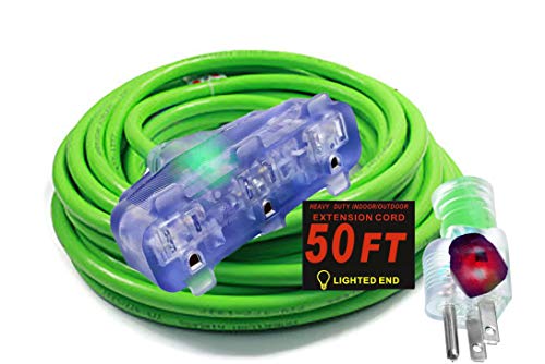 10 Gauge Power Extension Cord Heavy Duty Indoor/Outdoor 10 3 Extension Cord 50 Ft 10/3 Triple Outlet 3 Prong With Lighted Ends Power Your Major Appliances 1875 Watt (50 Ft Triple Tap, Green) #TOP8