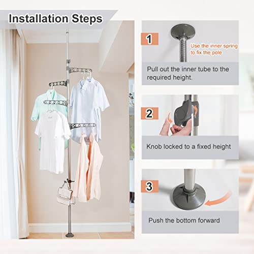 Dahoomii 4-Tier Extendable Laundry Pole Clothes Drying Rack Tension Rod Corner Metal Coat Tree Hanger Garment Stand Gray #TOP2