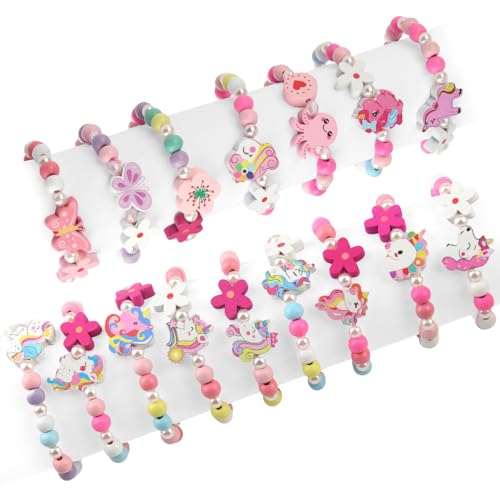 Xbessc 16 Pièces Licorne Bracelet Enfant Fille, Coloré Bois Bijoux Enfants, Fleur Coeur Papillon Bijoux Élastique Bracelet Amitié pour Petits Cadeaux...