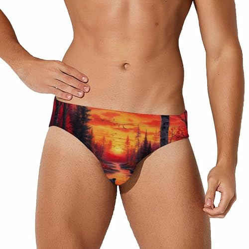 Black Bears Family Sunrise Forests Printed Swim Briefs for Men Sexy Bikini Swimwear Elastic Beach Trunks Bathing Suit