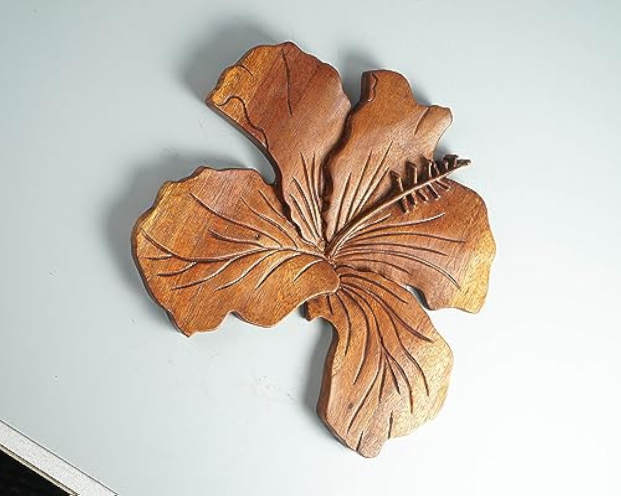 Solid Wood Hibiscus Flower Wall Art, Honey Finish