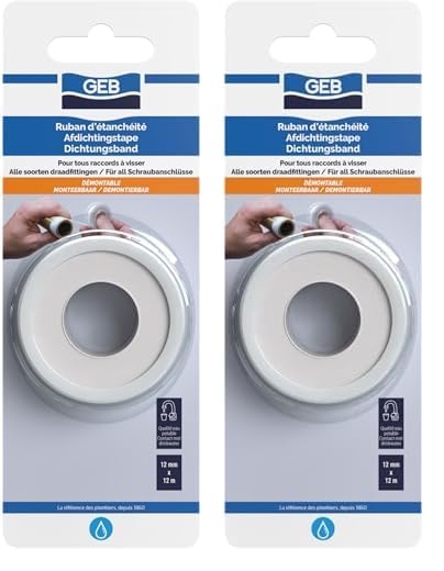 GEB Rubans d'étanchéité en PTFE - 12 m x 12 mm x 0,075 pour l'étanchéité des raccords filetés - Compatible eau potable (Lot de 2)