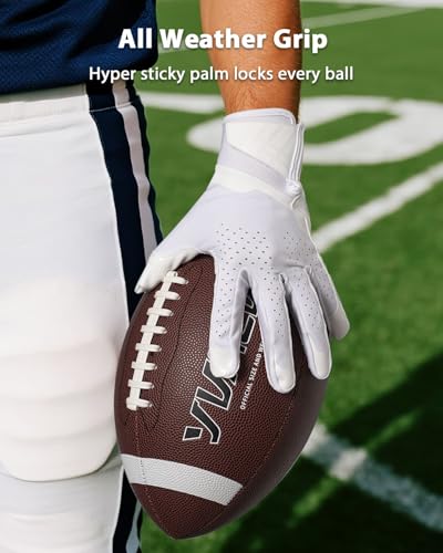 RIGWARL Football Gloves Adult Men, White Flag Football Receiver Gloves with Super Sticky Grip, Ultra Breathable Durability for Wide Receivers & QBs High Training Game Performance Gifts (Sizes S-XL)