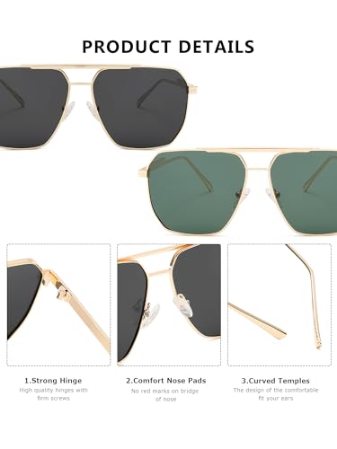 (2 PACK) Retro Oversized Square Polarized Sunglasses for Women and Men Vintage Shades Classic Large Metal Sun Glasses3