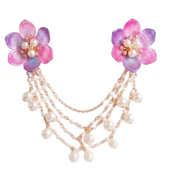Pink and Purple Flower Tassel Brooch with Pearl Chain, Floral Hair Accessory-image-28