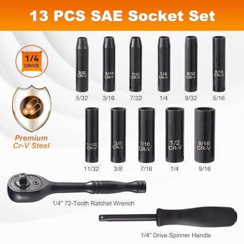 Image of Reniteco 13-Piece 1 /4 inch Drive Socket Set, SAE (3 /16 inch- 11 /32 inch), Deep Sockets, 72-Tooth Ratchet Wrench, Drive Spinner Handle, 6 Point Design, Cr-V