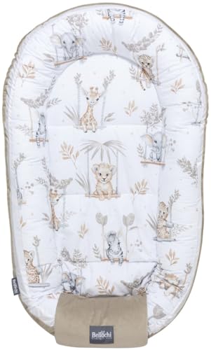 Bellochi Babynest für Neugeborene | Babyliegennest | 100% Baumwolle | 100x60 - mit Schutzkanten | 0-9M | jungle baby