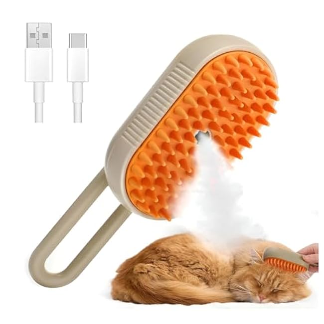 4 in 1 Cat Steam Brush for shedding ¨C Self-Cleaning Comb for Long and Short Hair Cats and Dogs, Steam Pet Brush for Hair Removal, Vibrating Message, Grooming & Relaxation (Khaki)-36pLPLPk