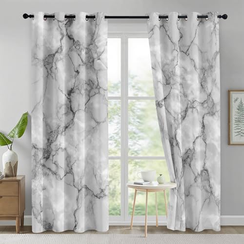White Marble Curtains for Bedroom Living Room, Marble Texture Blackout Curtains Eyelet 54 Drop 2 Panels, Patterned Window Drapes, Home Decor 46x54 Inch B-D25
