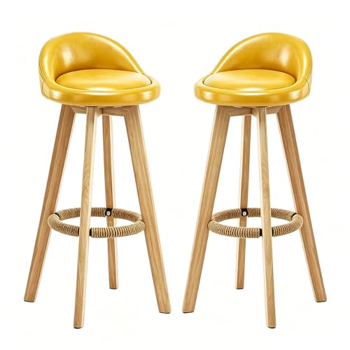 Conjunto de 2 taburetes de Barra de Altura de mostrador, Silla de Bar giratoria 360° de Cuero PU con Respaldo, Taburete de Barra de Madera Maciza con reposapiés Yellow,63cm