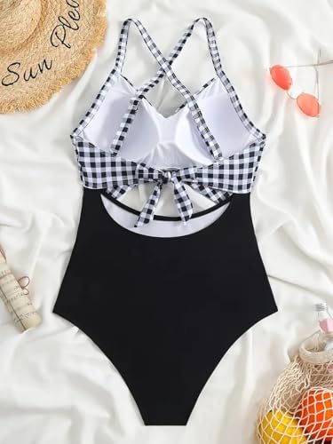 Stylish Plaid Knot Top & High-Waist Bottoms Swimsuit Set - Perfect for Beach & Pool Days, Comfortable Fit with Elegant Design2
