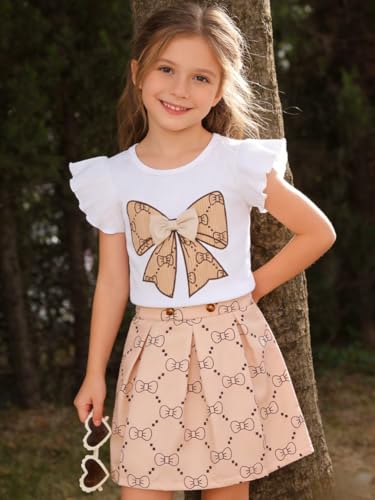 Image of Azmxynol Toddler Girls Clothes Cap Sleeve T-Shirt + Bowknot Print 2pcs Summer Shorts Outfit Set For Girls, Size 4-8 Years