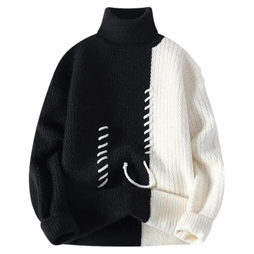 Men's Knitted Turtleneck Sweater Patchwork Casual Pullover Loose Warm Street Sweater