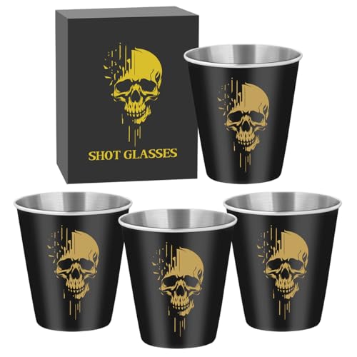 Bicchieri da liquore in acciaio inox con teschio dorato, 4 pezzi, 70 ml, con confezione regalo, impilabili, per feste, festa del papà, regali per gli appassionati di gotici, matrimoni, compleanni