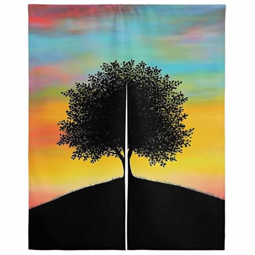 Lalirulero のれん 遮光 幅75x丈120cm おしゃれ 暖簾カーテン 間仕切り 仕切り 防寒 防音 目隠し 厚手 和風 出入り口 グッズ 寝室 玄関 キッチ リビング 春夏秋冬 水彩画 レトロ 木 山の峰 風景 日の入り 自然