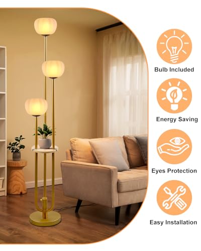 Image of Gold Floor Lamp with Table, Modern Dimmable Floor Lamps with Pumpkin Lampshade, 3000K Soft Warm White Bulbs Included, 3-Light Tall Standing Lamp with 5Lbs Heavy Base for Living Room /Bedroom