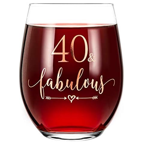 Crisky Rose Gold 40 & Fabulous Wine Glass for Women 40th Birthday Gifts Funny Ideas for Women, Wife, Mom, Sister, Aunt, Friends, Coworker, Her Rose Gold Foil "40 & Fabulous" 14oz, with Box Cover