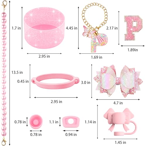 Hpebl 9PCS Pink for Stanley Cup Accessories Set Bling Initials Bow Charms for Stanley Decorations 30/40 Oz Tumbler Accessories Including Bow Straw Topper, Handle Strap, Spill Stopper（Letter P） - image 3