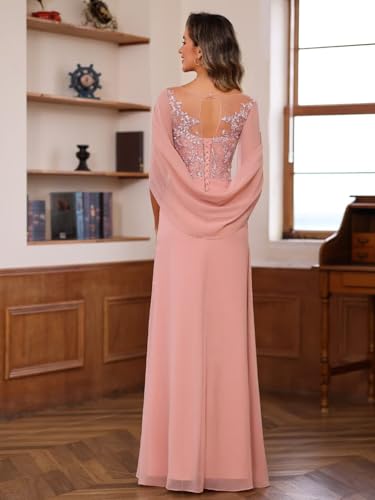 RSOETOO Lace Appliques Mother of The Bride Dress for Women Long Chiffon Cape Sleeve Lace Mother Groom Dresses RO2094