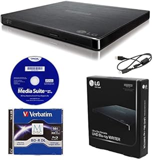 LG BP60NB10 Portable 6X Ultra HD 4K Blu-ray Burner External Drive with CyberLink Software, 50GB M-DISC BD-R DL, and USB Cable - Burns CD DVD BD DL BDXL Discs