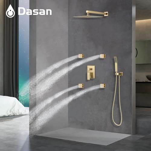 Full Body Rain Shower System with 4 Body Shower Jets & 12’’ Wall Mount Rainfall Shower Head & Handheld, DASAN Multi Shower Head System Brushed Gold Rain Shower Faucets sets Combo with Rough-in Valve