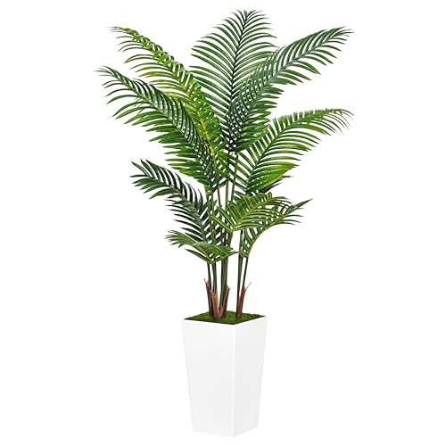 Artificial Palm Tree 5FT – Fake Tree with White Tall Planter – Faux Tropical Areca Floor Plant in Pot – Artificial Silk Plant for Home Office Living Room Decor Indoor