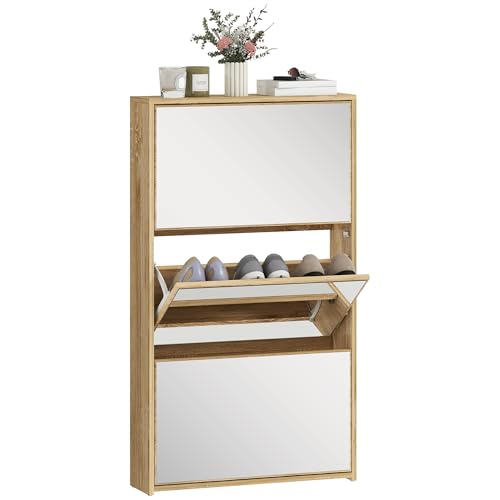 HOMCOM Zapatero Estrecho 3 Puertas con Espejo, Zapatero Entrada Recibidor, para 9 Pares de Zapatos, para Pasillo, Espacios Reducidos, 65x17x114,5 cm, Natural