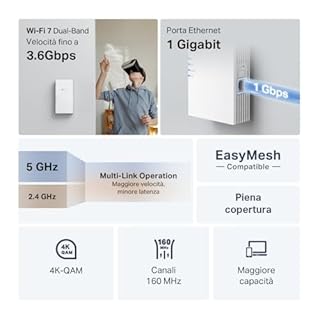 TP-Link WiFi 7 RE220BE Ripetitore WiFi Dual-Band BE3600Mbps, 1 Porta Gigabit, Potente per Casa, Compatibile con Tutti i Box Internet, 160 MHz, MLO, 4K-QAM, Multi-Rus