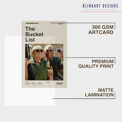 Image of BLINKART Bucket List Movie Poster Frame 8x12 Inch | Premium 300 GSM Paper Wall Print | Mid Century Vintage Film Artwork for Home, Bedroom, Living Room, Office | Framed Photo Decor