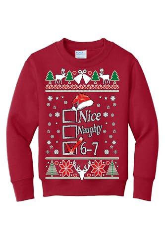 wild custom apparel 67 Ugly Christmas Sweater Nice Naughty 6 7 Meme Six Seven Youth Boys Girls Sweater Crewneck Sweatshirt, Red, Small