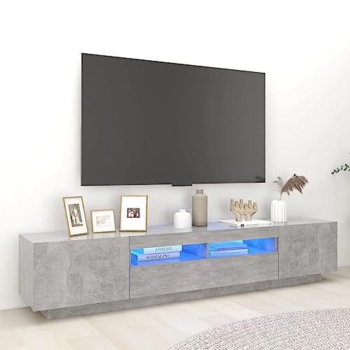 Meuble TV Moderne avec Éclairage LED RGB, Meuble Télé Gris Béton 200 cm, Rangement Multimédia pour Salon et Salle de Jeux, Assemblage Facile, Design Pratique et...