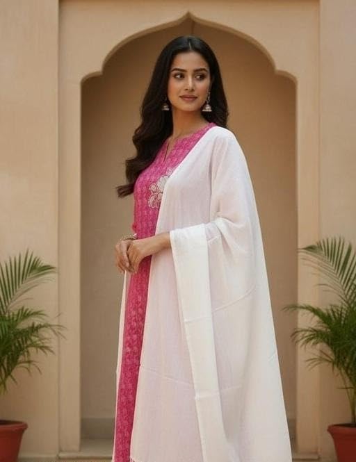 Image of Women Three Piece Kurta Set with Dupatta and Pant Modern Ethnic Design for Office and Traditional Occasions